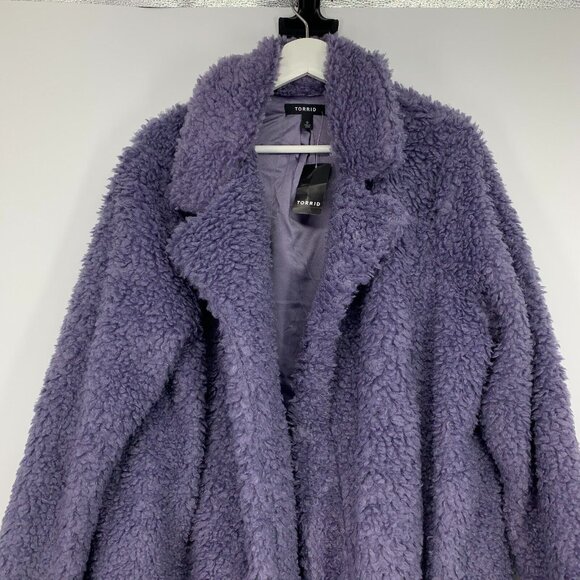 Torrid 0 Maxi Coat Size 12 Purple Soft Sherpa Open Front Lined NWT - Picture 7 of 15